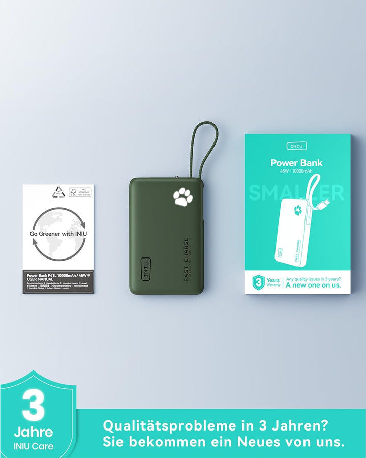 INIU 45W Power Bank, Mini-Grösse 10000mAh PowerBank mit Integriertem USB-C Kabel, Schnellladen Exter