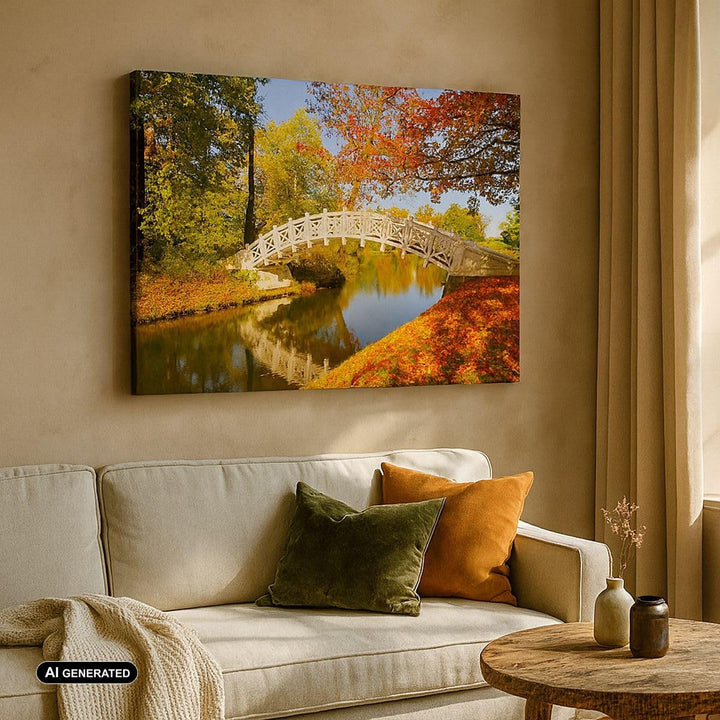 Bilder auf Leinwand 100x70cm Leinwandbild Stream Fussgängerbrücke Herbst Gross Wanddeko Bild Schlafz