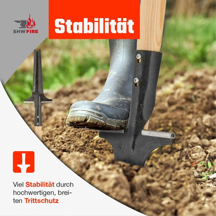 SHW-FIRE Profi-Unkrautstecher mit 105cm Eschenholzstiel - Handgeschmiedet mit praktischem Tritt