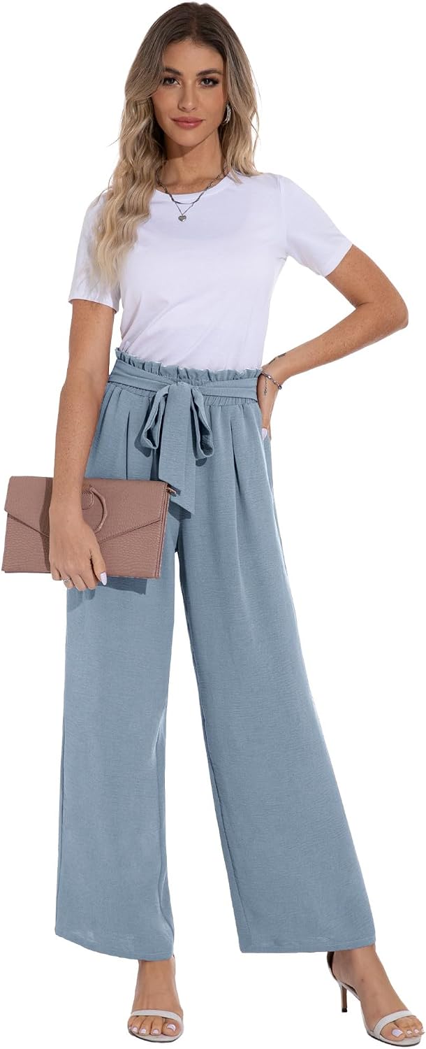 PrinStory Damen Hose Mit Weitem Bein Leichte Elastische Taille Sommer Hose Mit Taschen Kausale Arbei