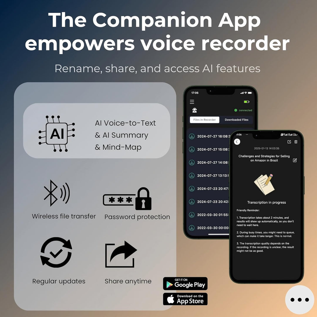 Diktiergerät mit APP für KI-Voice-to-Text-Transkription, GPT-4o-Zusammenfassung, Mind Mapping, 64 GB