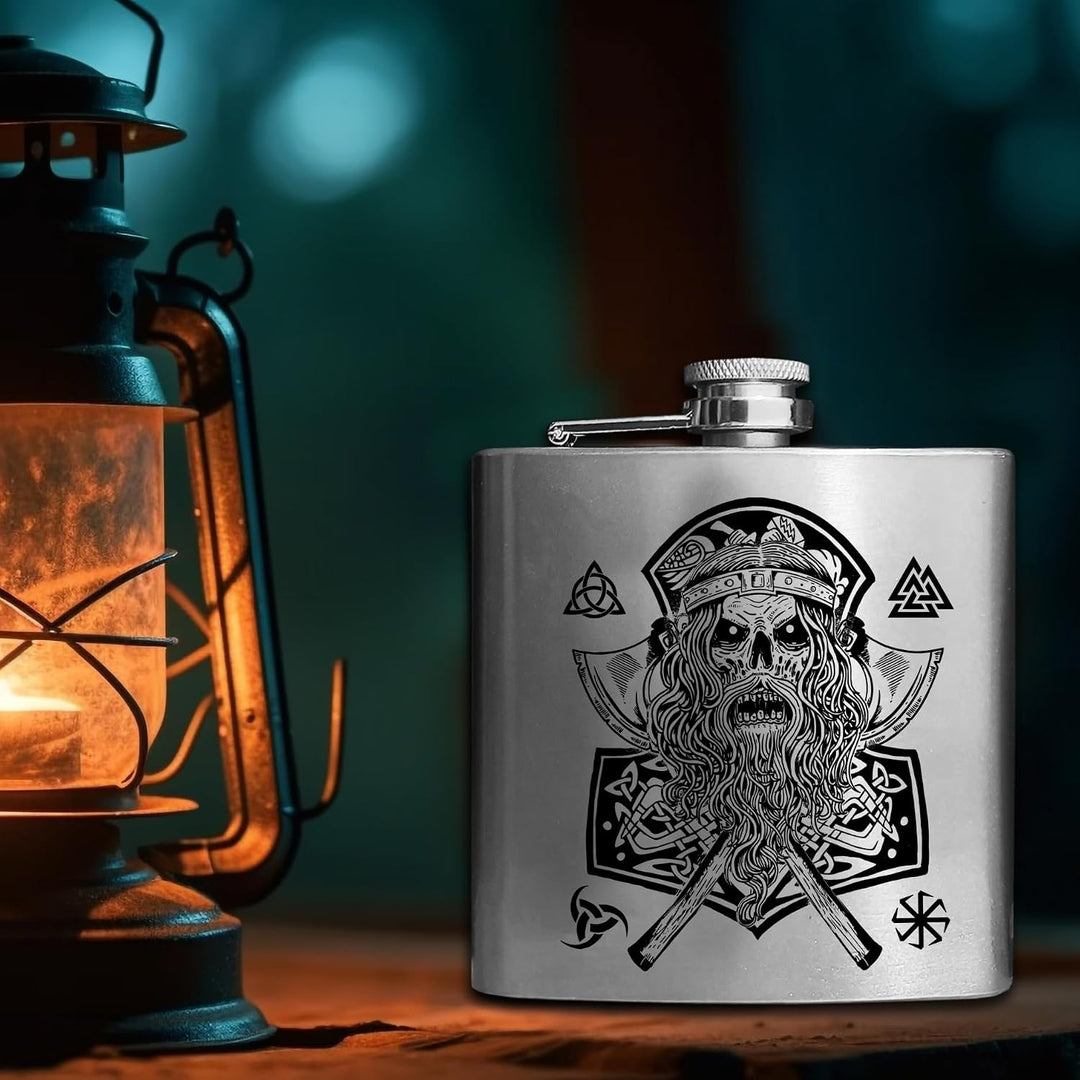 Edelstahl-Flachmann mit Wikinger-Gravur – Wählen Sie aus 6 Designs – personalisierte Lasergravur auf