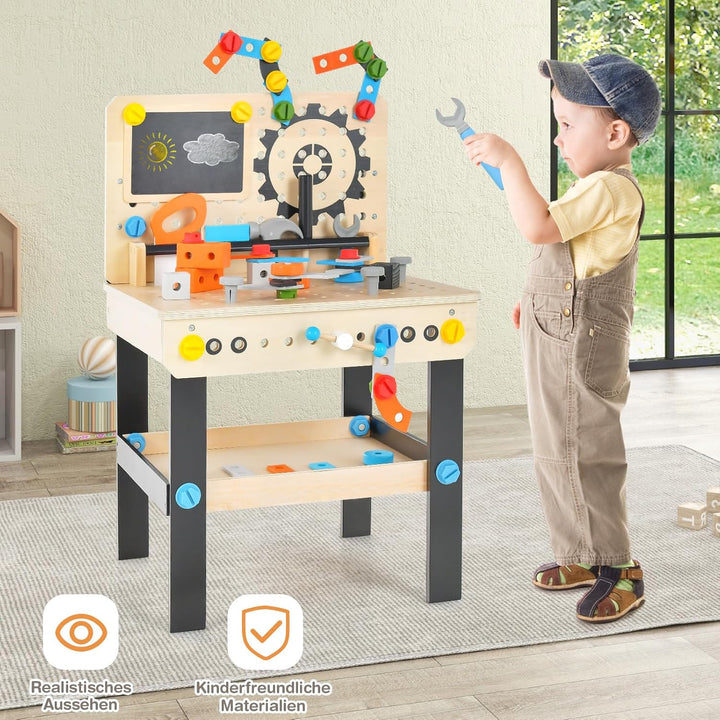 COSTWAY Werkzeugbank für Kinder, Werkbank Holz mit Tafel, hängendem Werkzeugständer & Zubehör, Spiel