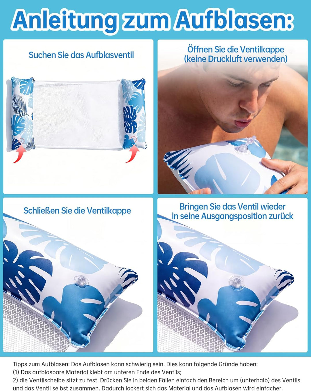 2 Stück Luftmatratze Pool XL - 4 in 1 Wasserhängematte mit Kopfstütze - Aufblasbare Luftmatratze Was