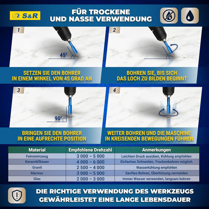 S&amp;R Diamantbohrer, Fliesenbohrer, Glasbohrer Set 4-tlg. 5, 6, 8, 10 mm, Sechskant-Schaft, für Kerami