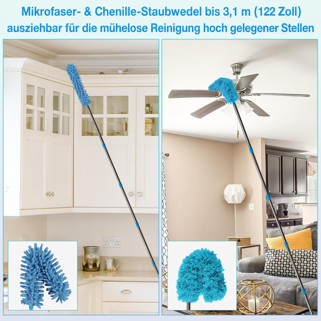 marysgift Staubwedel Teleskop Set, Staubwedel Lang Ausziehbar 310 cm, Staubwedel Waschbar mit 7×43 c