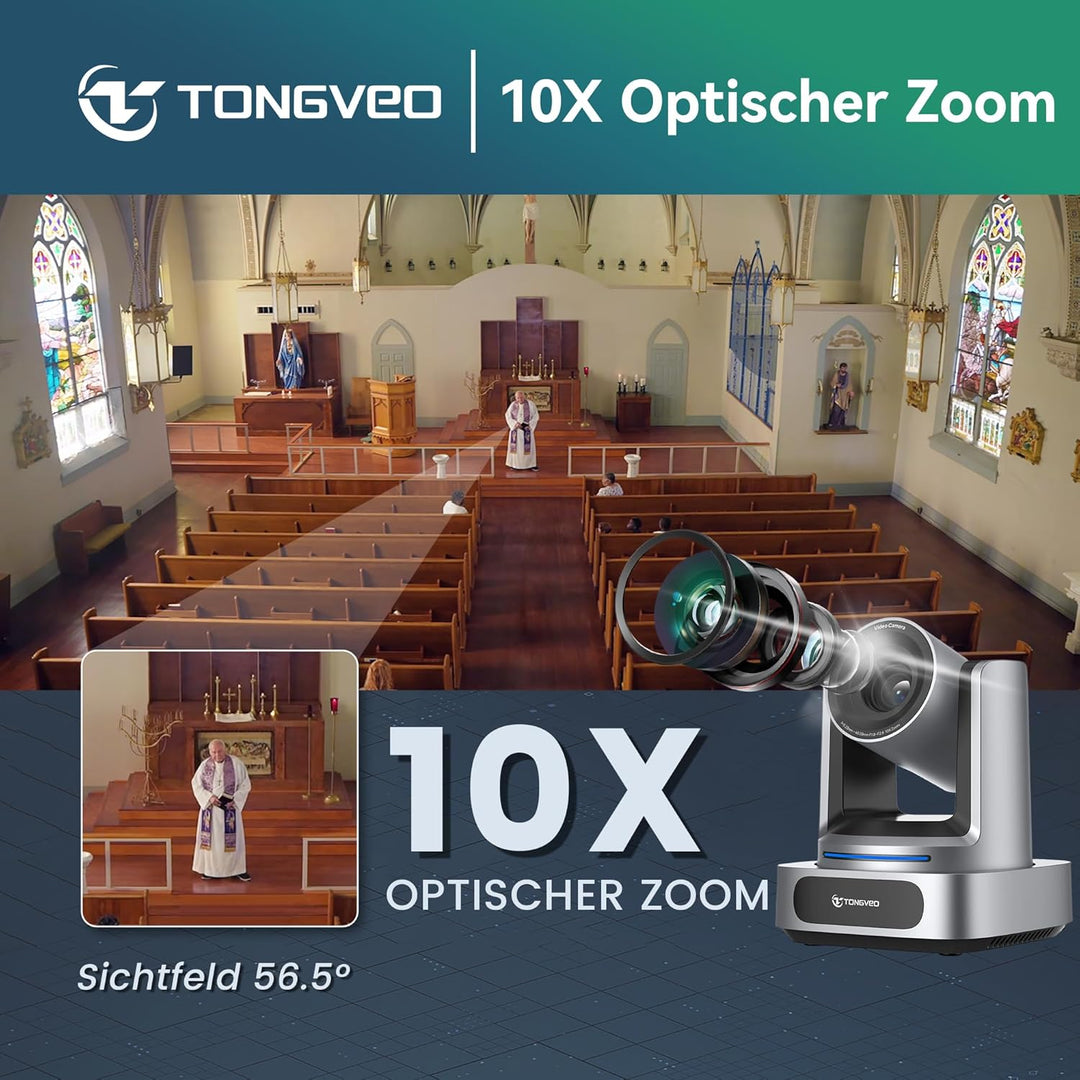 TONGVEO AI 4K PTZ Kamera mit Auto-Tracking, 10-facher optischer Zoom Videokonferenzkamera, HDMI & US