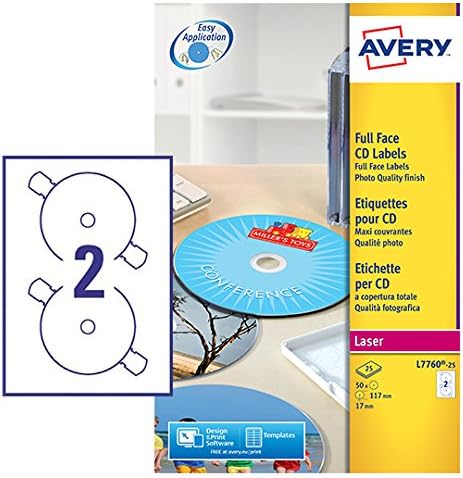 CD -Etikett Avery 117mm Fullizarce White 25 Vel 2 Etiketten pro Blatt