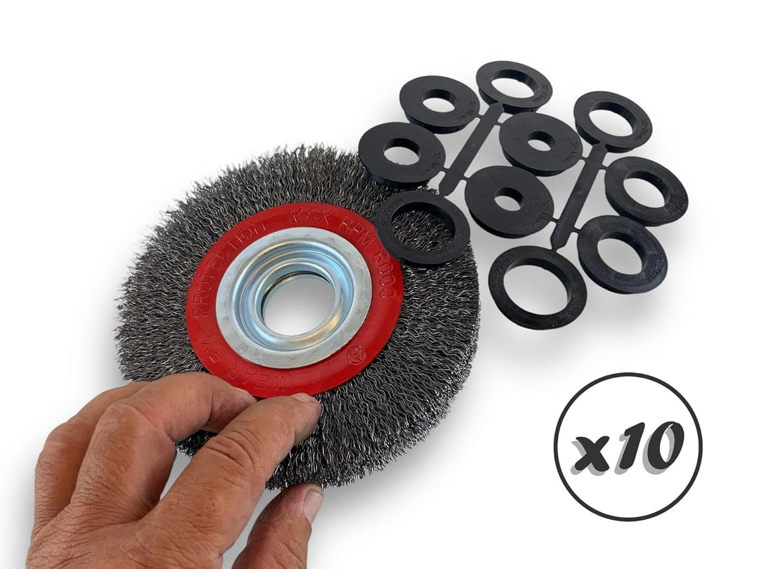 10er-Set Rundbürsten STAHL | Ø 150 mm | 2-reihig | Harte, gewellte Drähte 0,30 mm | Bohrung 32 mm +