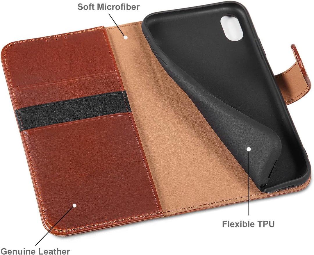 LENSUN Echtleder Hülle für iPhone XR, Handyhülle Leder [Kartenfach][Magnetverschluss][RFID Schutz] H