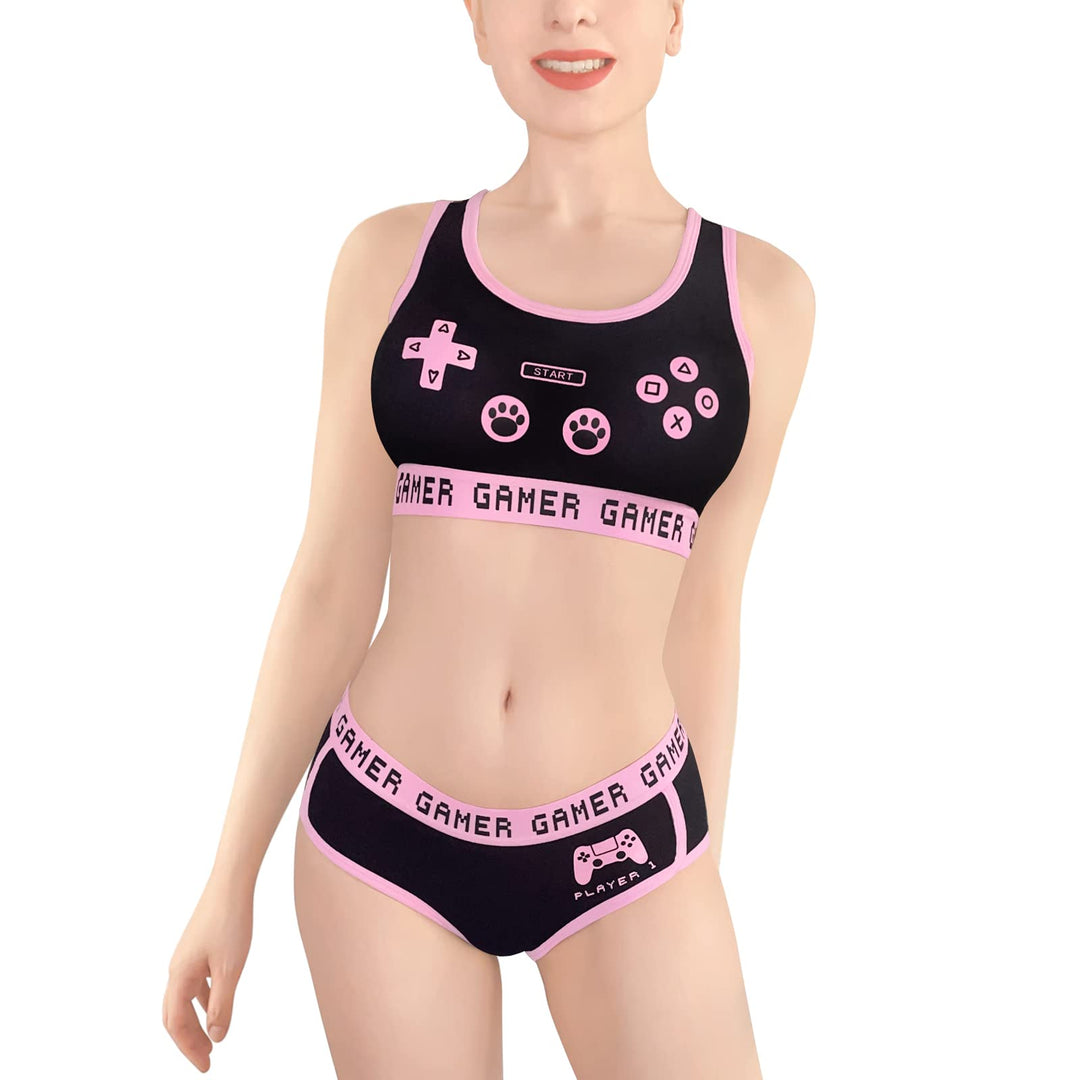 LittleForBig Damen Baumwolle Camisole und Höschen Sport Loungewear Bralette Set-Playgirl M Schwarz,
