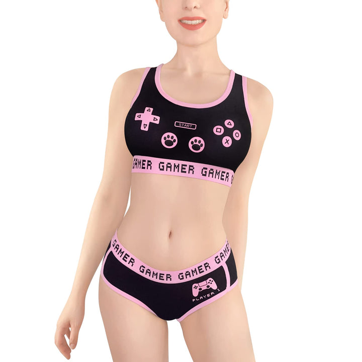 LittleForBig Damen Baumwolle Camisole und Höschen Sport Loungewear Bralette Set-Playgirl S Schwarz,