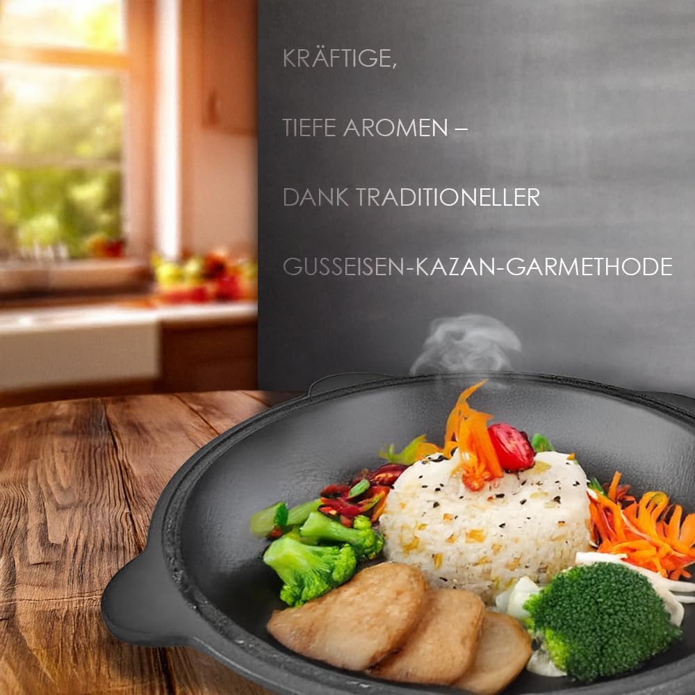 Gusseisen Kazan Uzbekisch 6L Aluminiumdeckel Schaumlöffel für Plov, 40 cm Usbekistan Kochtopf WOK Pl