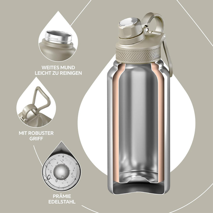 IDEUS Vakuumisolierte Wasserflasche, 32oz (950ml) Edelstahl Doppelwand Flasche Metall Sport Kantine