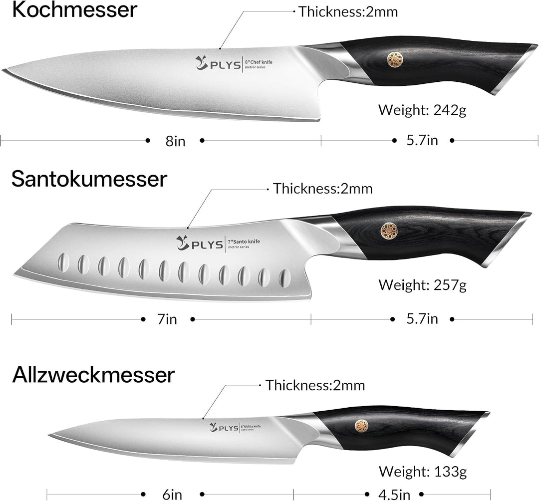 Plys Messerset Küchenmesser set 3-Teilig: Gefertigt aus 10cr15mov-Edelstahl, mit Pakkaholz Griff, Di
