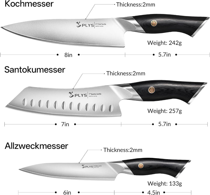 Plys Messerset Küchenmesser set 3-Teilig: Gefertigt aus 10cr15mov-Edelstahl, mit Pakkaholz Griff, Di