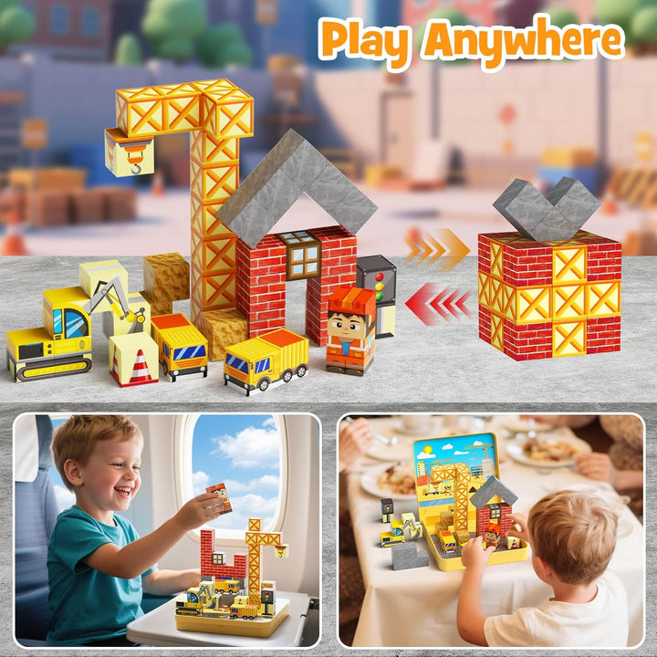 Magnetische Bausteine, 49 Teile Magnetbausteine Reiseset mit Tragbarer Eisenbox für Kinder, Magnetwü