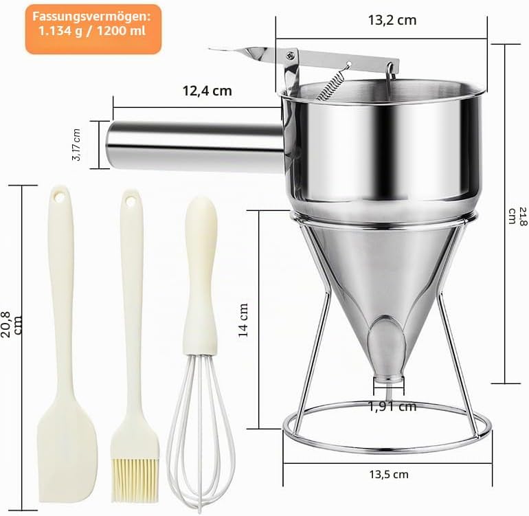 Pancake Dough Dispenser, Stainless Steel Funnel Cake Dispenser with 4 Silicone Nozzles, Perfect for