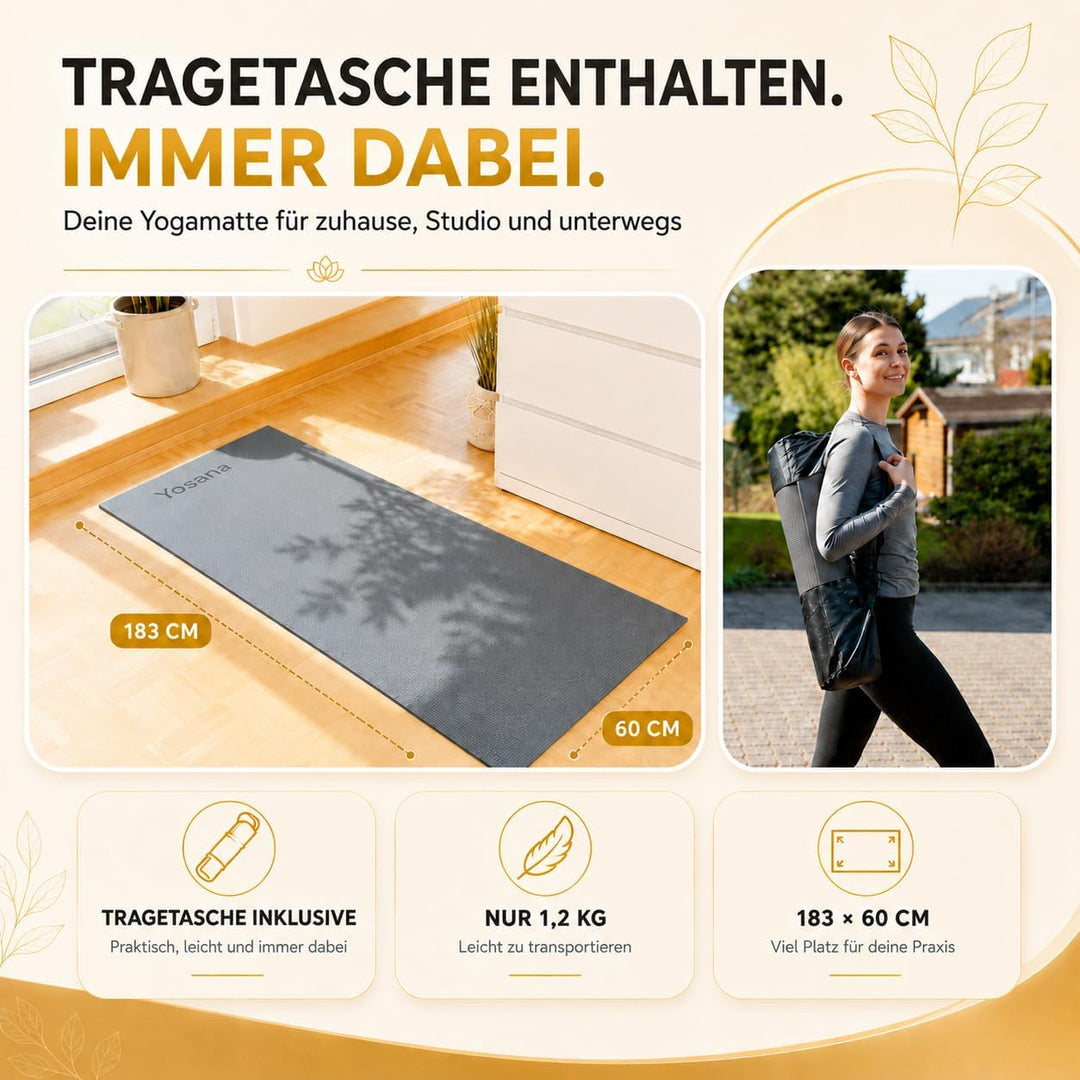 Yogamatte inkl. Tragetasche &amp; Video Kurs I Yoga Matte rutschfest I weiche Gymnastikmatte I Sportmatt