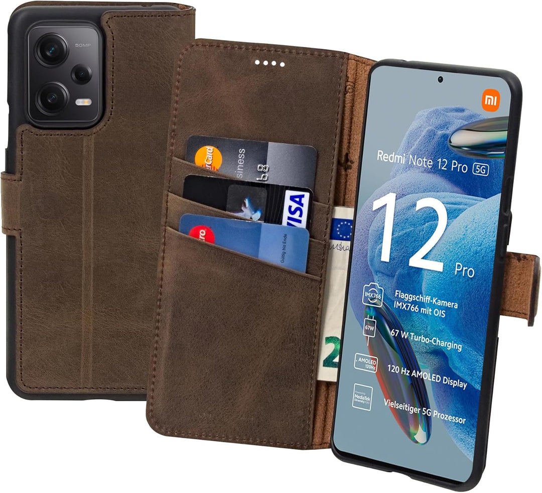 Suncase Book-Style Hülle kompatibel mit Xiaomi Redmi Note 12 Pro 5G Leder Tasche (Slim-Fit) Lederhül