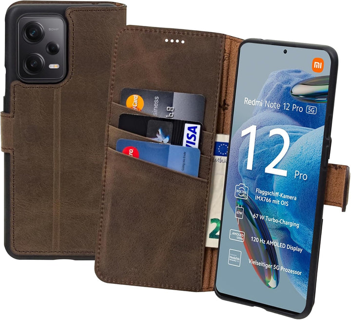 Suncase Book-Style Hülle kompatibel mit Xiaomi Redmi Note 12 Pro 5G Leder Tasche (Slim-Fit) Lederhül