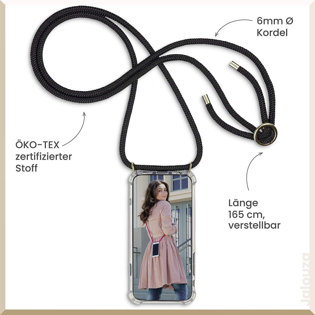 Jalouza Handykette, Kordel & Hülle Bundle kompatibel mit iPhone 12 & 12 Pro - Metallkette in Schwarz