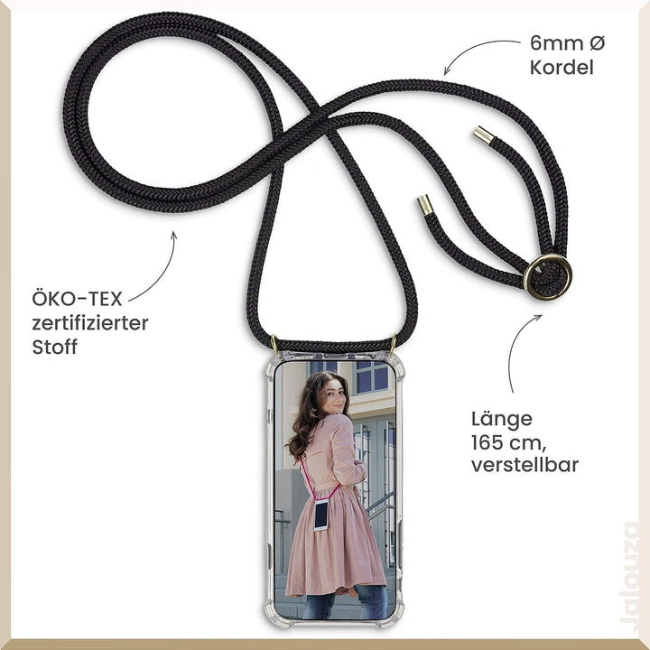Jalouza Handykette, Kordel & Hülle Bundle kompatibel mit iPhone 12 & 12 Pro - Metallkette in Schwarz