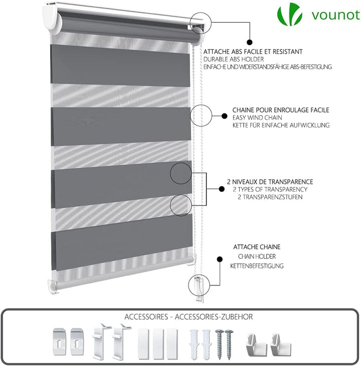 VOUNOT Doppelrollo klemmfix ohne Bohren, Duo Rollo Klemmrollo für Fenster und Tür, lichtdurchlässig