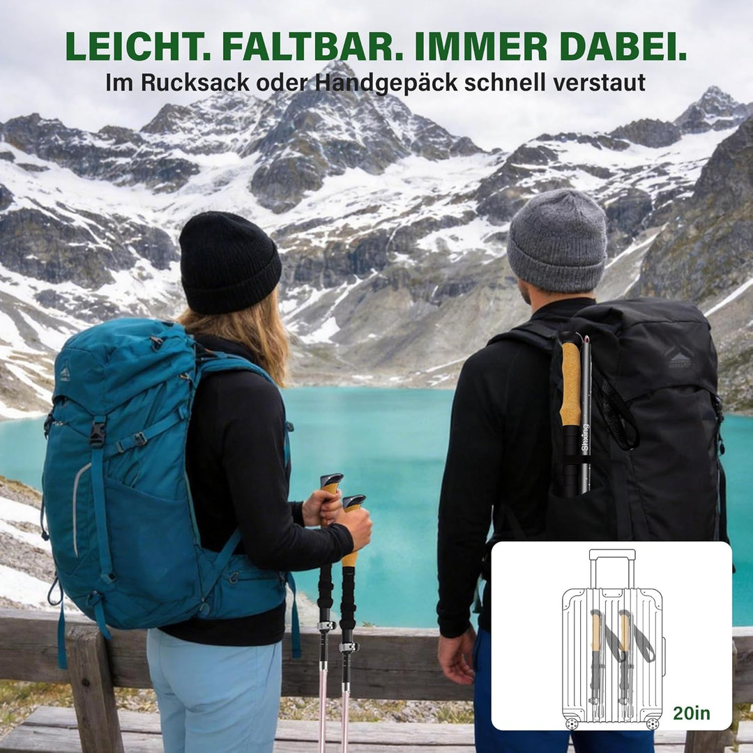 Faltbare Wanderstöcke 2er Set, Carbon 3K & Aluminium 7050, Verstellbar 110-135 cm, Korkgriff mit Eva