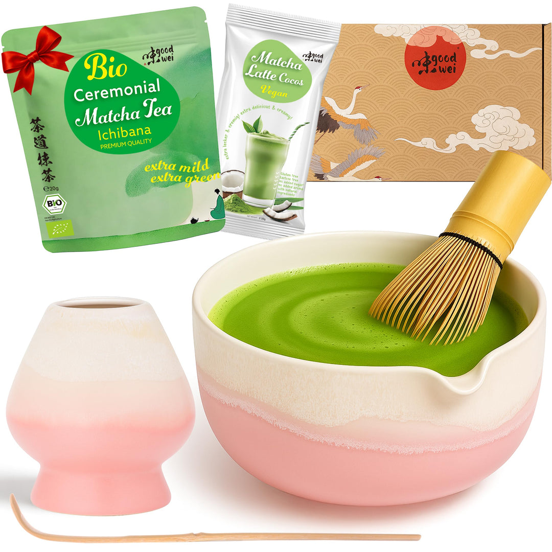 Goodwei Matcha-Set komplett mit hochwertiger Matcha Schale aus Keramik mit Ausgiesser, Matcha Besen