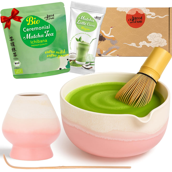 Goodwei Matcha-Set komplett mit hochwertiger Matcha Schale aus Keramik mit Ausgiesser, Matcha Besen