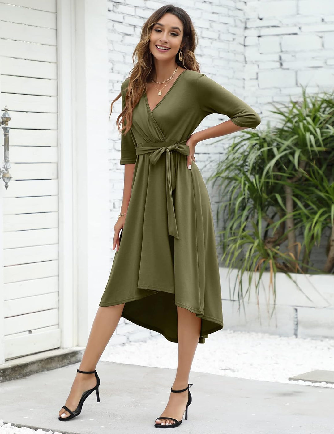 Damen Umstandskleid Festlich Stillkleid V-Ausschnitt 3/4 Ärmel Schwangerschaftskleid mit Taillengürt