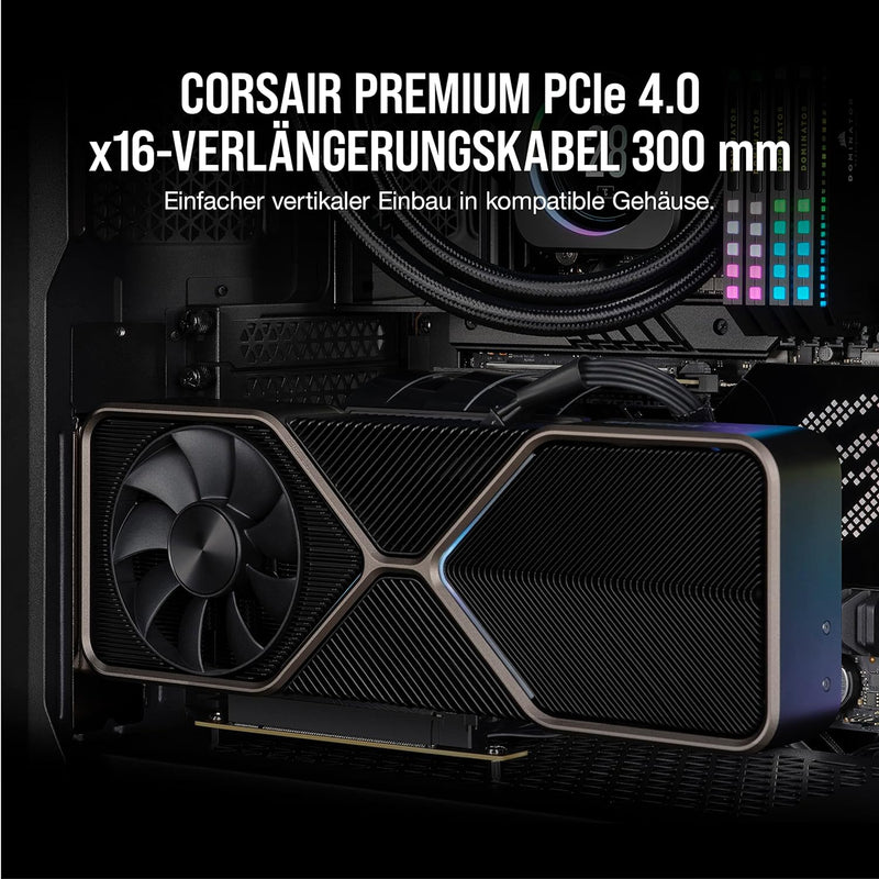 Corsair Premium-PCIe 4.0 x16-Verlängerungskabel, 300 mm, EMI-geschirmt, 90° weiblicher PCIe-Anschlus