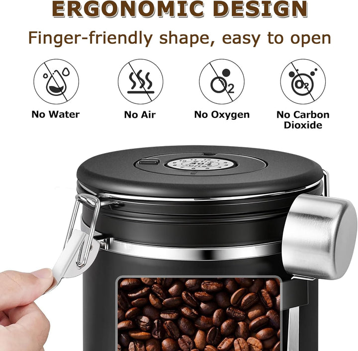 Kaffeedose aus Edelstahl 2,8L, Kaffeedose Luftdicht, Messlöffel & Datumsanzeige, 1kg Bohnen Vakuum K