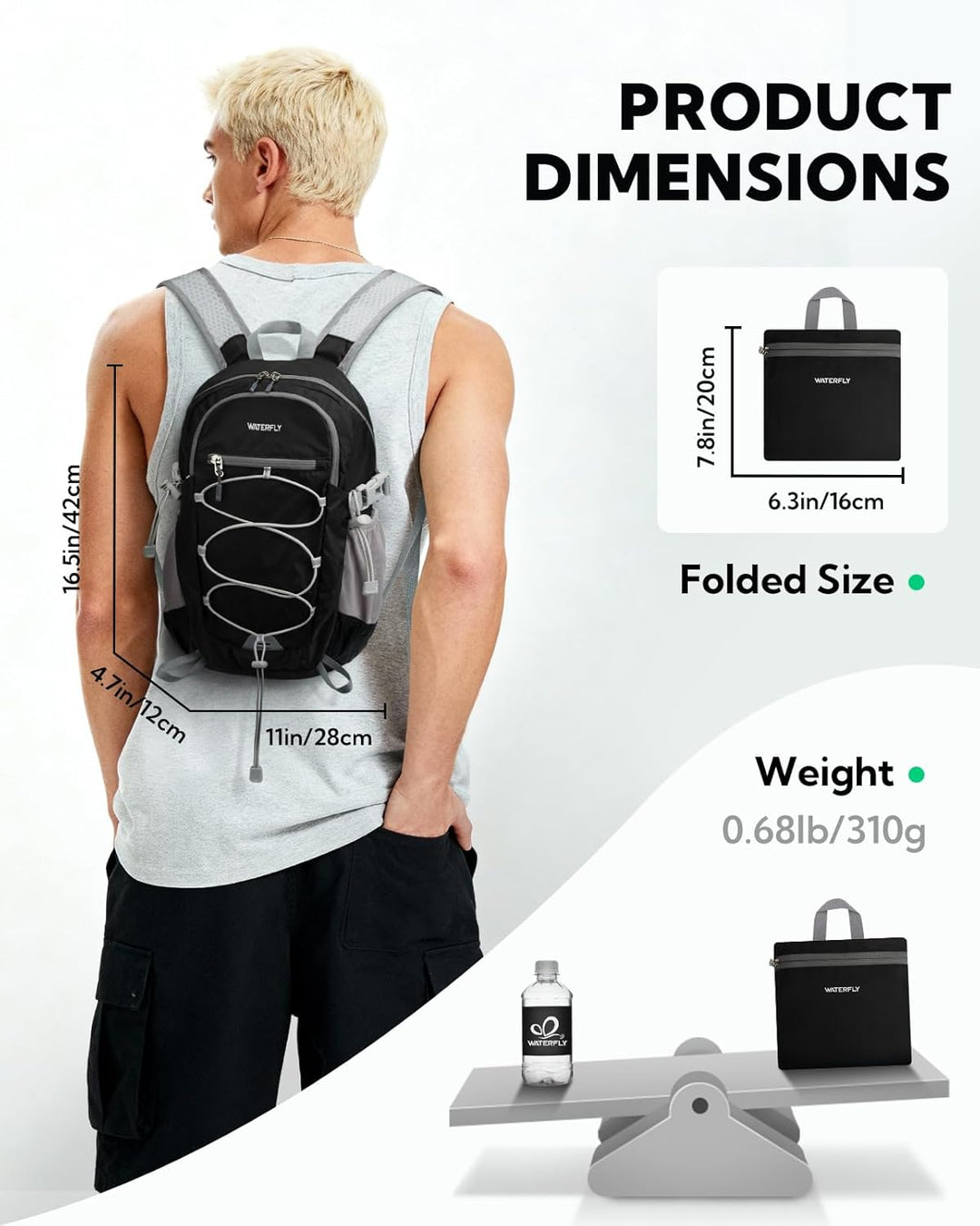 WATERFLY Rucksack Klein Faltbarer Rucksack: 15L Ultraleicht Wanderrucksack Foldable Backpack mit Atm