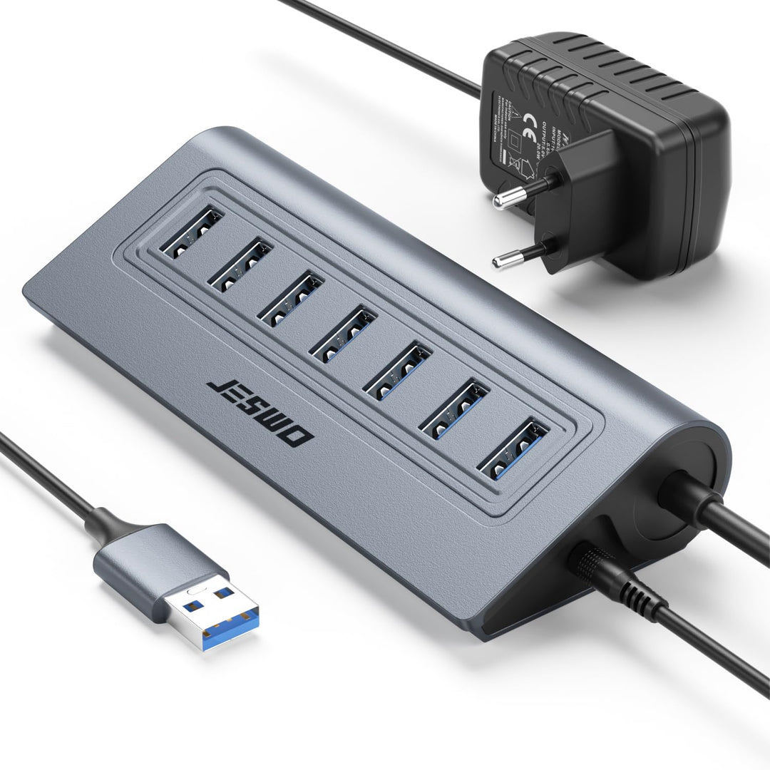 JESWO USB HUB mit Netzteil, Aluminium USB 3.0 Hub Aktiv mit 7-Port USB Verteiler 3.0 mit 5V/4A Netzt
