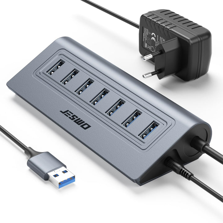 JESWO USB HUB mit Netzteil, Aluminium USB 3.0 Hub Aktiv mit 7-Port USB Verteiler 3.0 mit 5V/4A Netzt