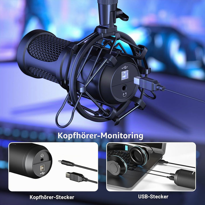 aokeo USB Mikrofon, 192kHZ / 24bit Podcast-Mikrofonsets mit Mikrofonständer, Stossdämpferhalter, Win