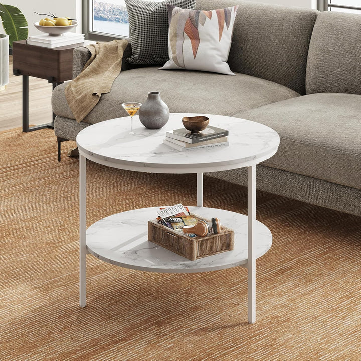 WLIVE Runder Couchtisch Weiss, Wohnzimmertisch Holz mit 2 Ebenen, Sofatisch mit viel Stauraum, für W