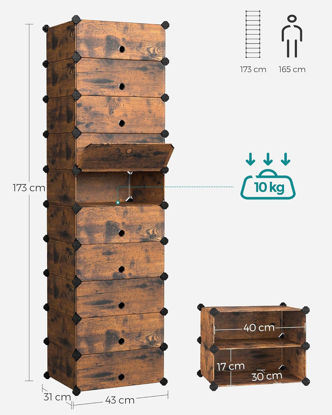 SONGMICS Schuhregal mit 10 Ebenen, Steckregal, Regalsystem, Schuh-Organizer, DIY-Regal, mit Tür, aus
