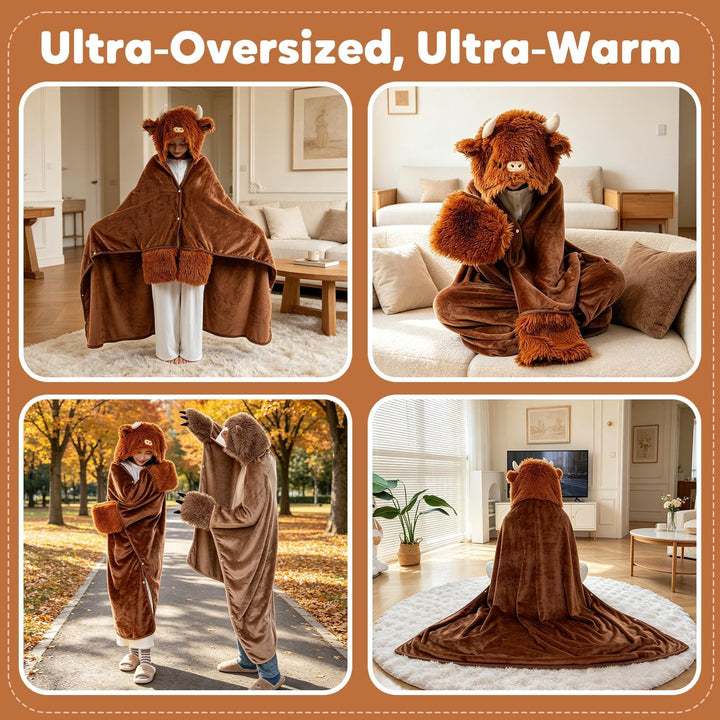 SQEQE Tragbare Decken mit Kapuze und Handschuhen Hoodie Decke Sofadecke Cartoon Kuscheldecke für Dam