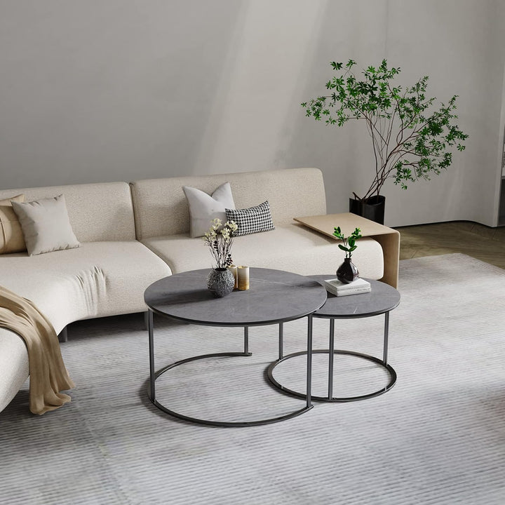 FATIVO Marmor Couchtisch 2er Set: Satztisch Rund Wohnzimmertisch mit schwarz Metallrahmen - Satztisc