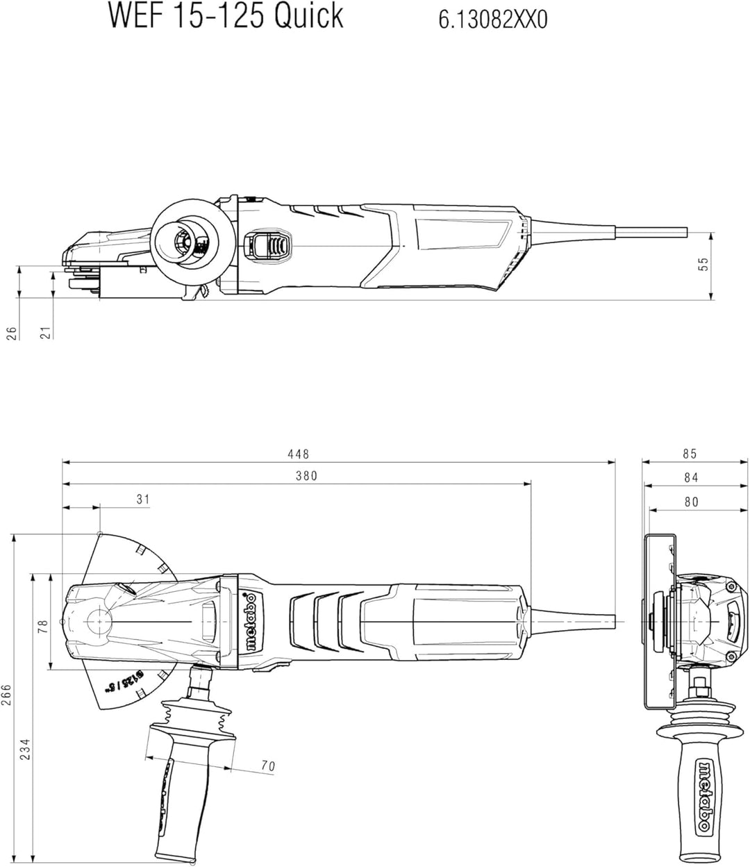 metabo WEF 15-125 Quick Flachkopf-Winkelschleifer, 1550 W, 125 mm Ø | Fuer enge Winkel bis 43 Grad,