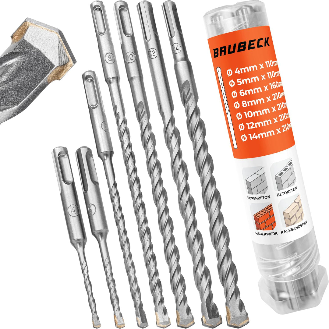 SDS Plus Bohrer Set für Beton [7tlg - Ø4-14 bis zu 210mm lang] - Langlebig und Robust aus 40CR Stahl