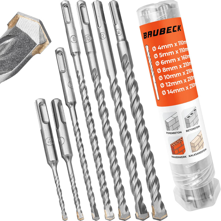SDS Plus Bohrer Set für Beton [7tlg - Ø4-14 bis zu 210mm lang] - Langlebig und Robust aus 40CR Stahl