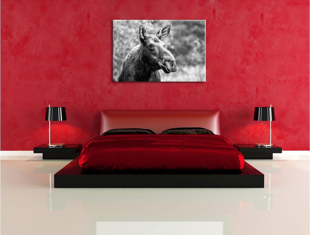 Elch im Wald Kunst B&W, Format: 100x70 auf Leinwand, XXL riesige Bilder fertig gerahmt mit Keilrahme