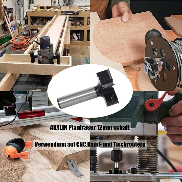 AKYLIN Planfräser 12mm schaft，2+2 Flöten Planfräser holz für Oberfräse，Abrichtfräser mit 4-seitigen