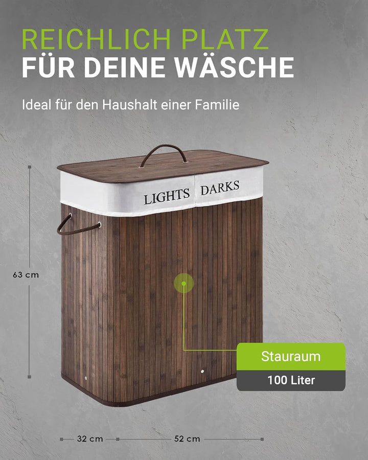 Juskys Bambus Wäschekorb Curly Braun 100L - Hygienischer Wäschekorb mit Deckel, Tragegriff & Wäsches
