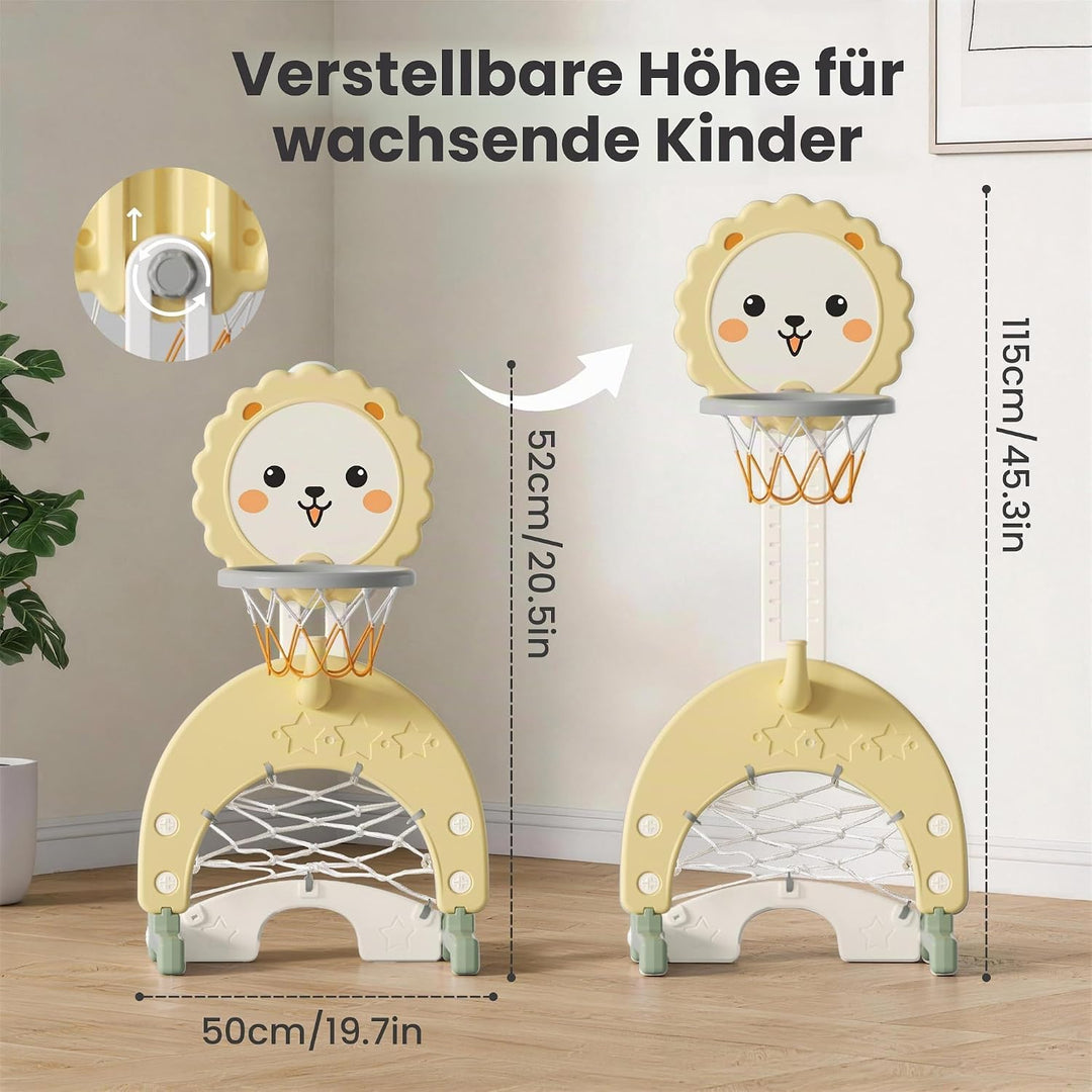 3-in-1 Kinder Basketballkorb Set, Höhenverstellbarer Basketballständer mit Fussballtor und Ringwurf,