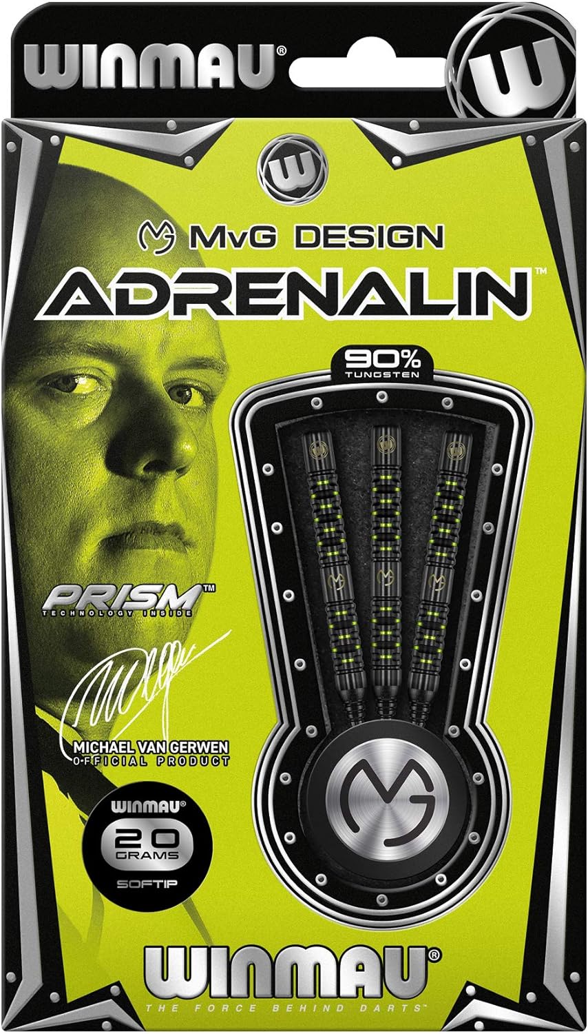 WINMAU Michael Van Gerwen MvG Adrenalin Tungsten Softip Darts Set 18 Gram with Prism Flights and Vec